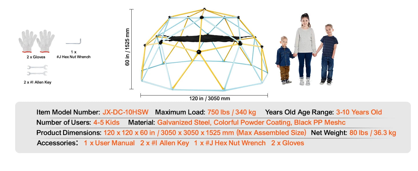 Kids Climbing Dome Jungle Gym with Swing & Hammock (6–12FT)