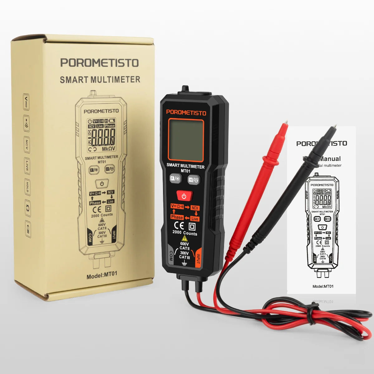 Multímetro digital inteligente POROMETISTO MT01, comprobador de voltaje, herramienta de prueba de cables activos y NCV, 2000 cuentas, voltaje 600V AC/DC