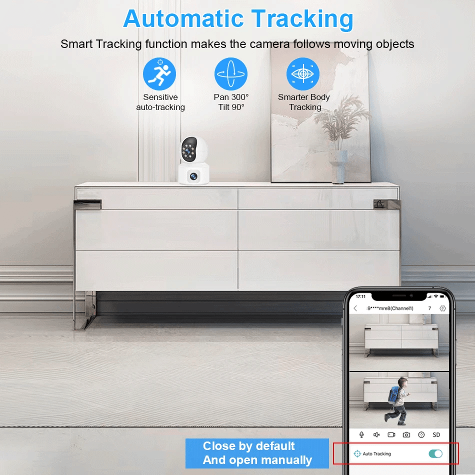 Caméra de sécurité WiFi à double objectif 6MP avec suivi automatique et audio