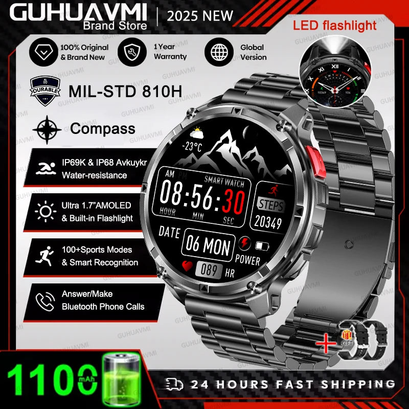 Outdoor Bluetooth Anruf-Smartwatch mit Kompass & Taschenlampenfunktion