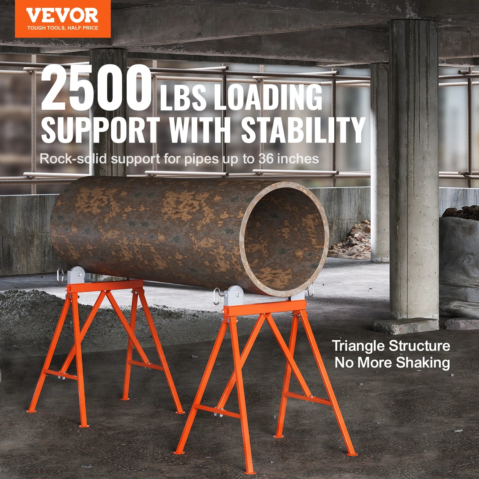 Robustní stojan na trubky s válečkovou hlavou, nosnost 2500 lb, nastavitelný 2–36 palců