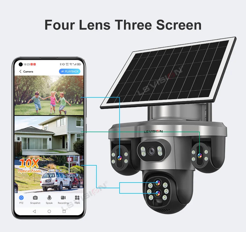 Solar Security Camera 4 Lens 3 Screen 10x Optical Zoom 4G WiFi PTZ