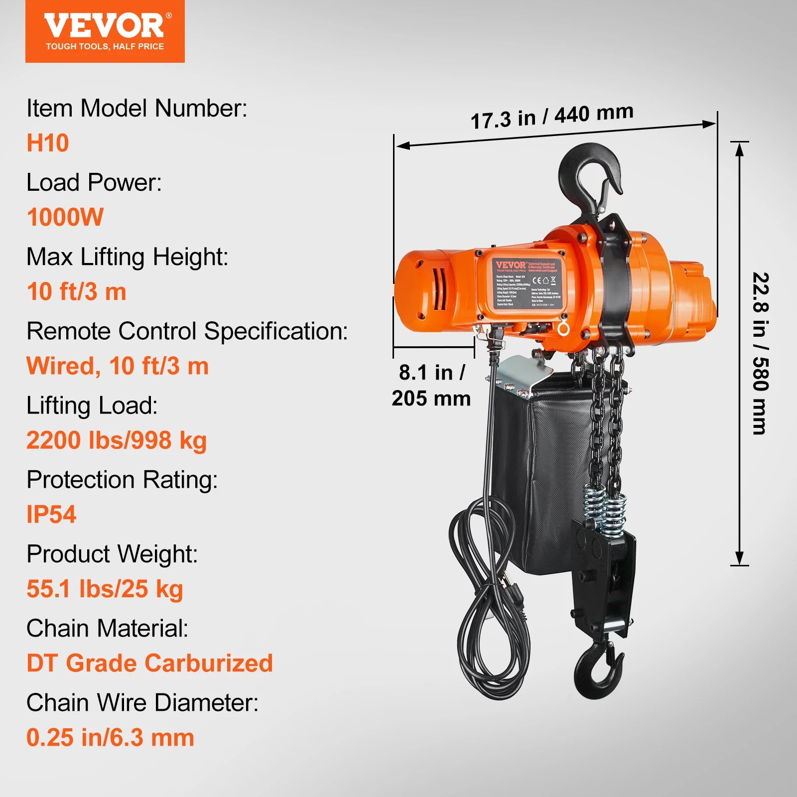2200 lbs Electric Chain Hoist with 10 ft Lift & Wired Remote