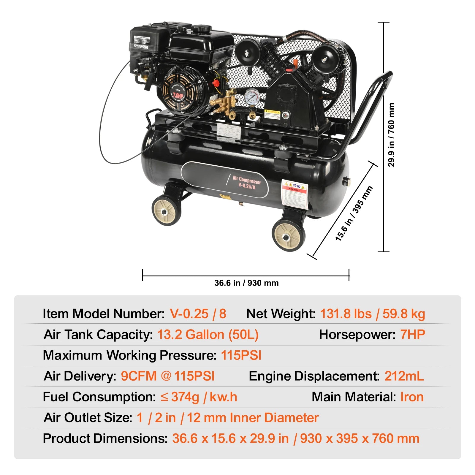 Compressore d’aria a gas 7HP/15HP SucceBuy, serbatoio per aria da 10/20/30 galloni, max pressione 115 PSI, per cantieri e officine.