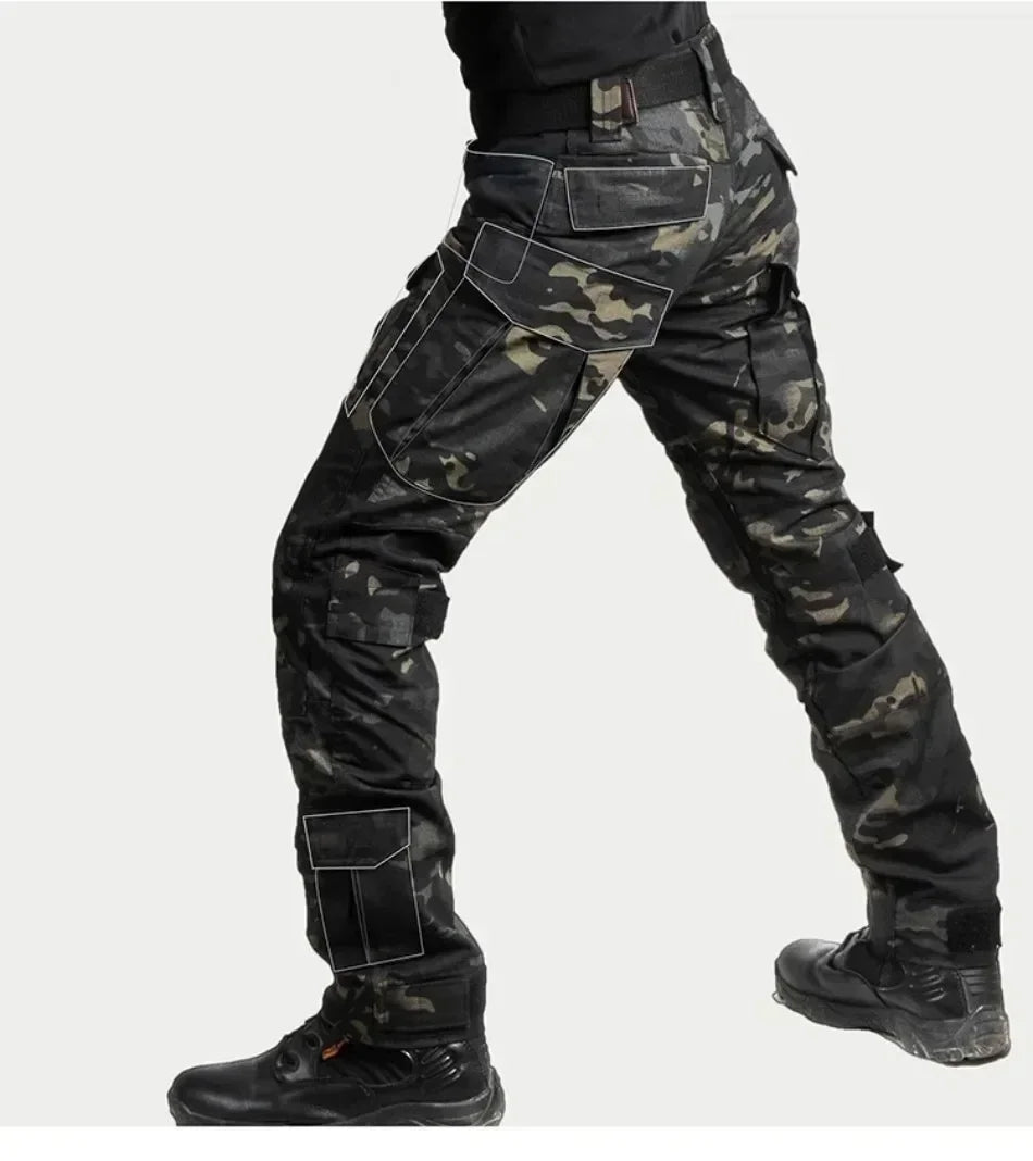 Black Camo Training Sets 1/4 Zipper Combat Tops Tactical Suits Hiking Pants Men Durable Shirts Multiple Pockets Wear-resisting