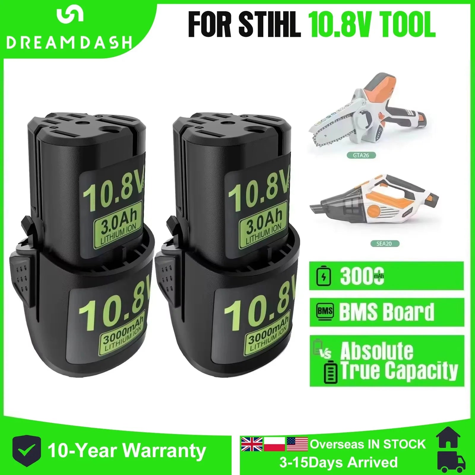 10.8V 3000mAh Battery for STIHL GTA 26, SEA 20, HSA 26, AS2 Tools