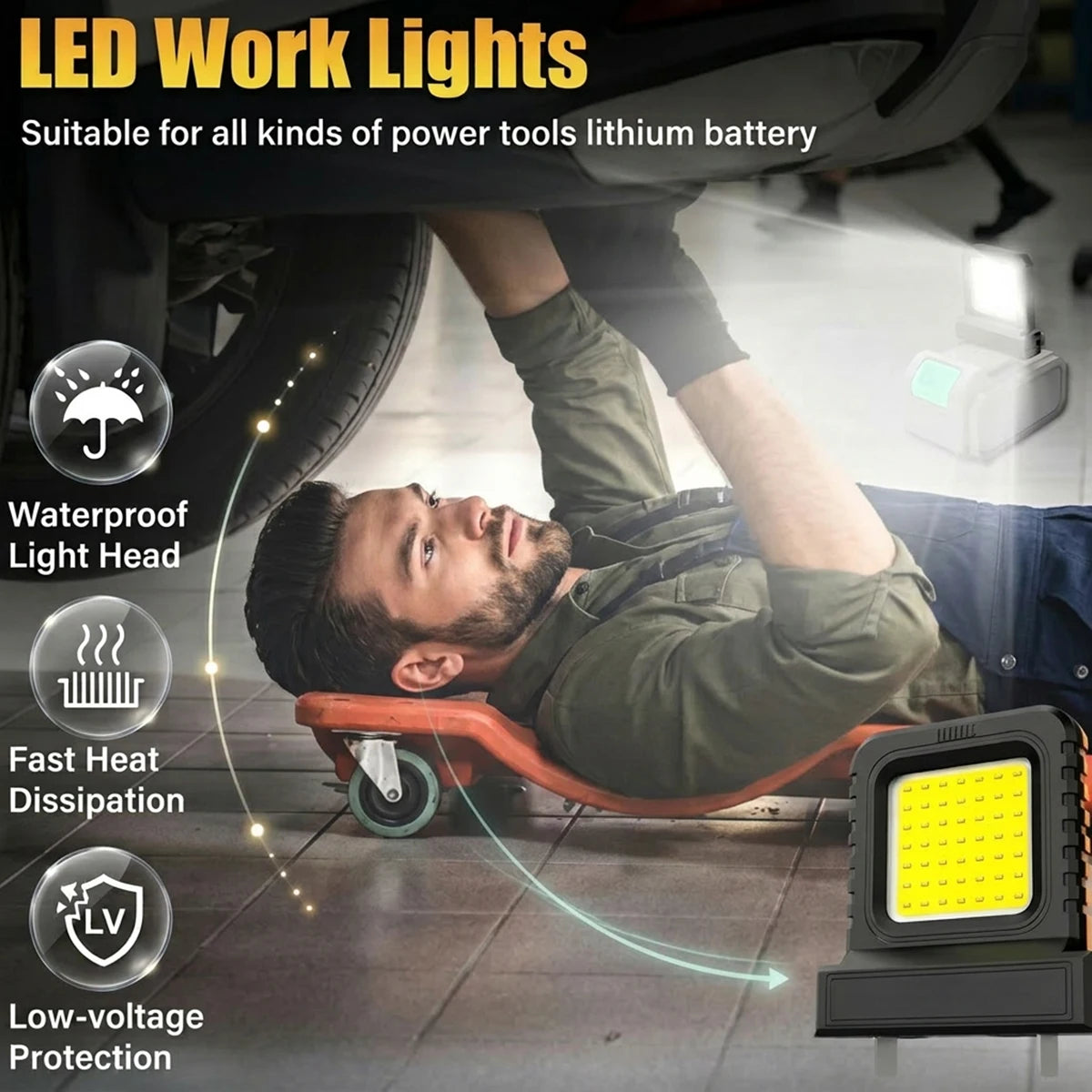 LED Work Light Portable Long-Lasting Strong Light for Super Bright Night Work Light 21V Li-ion Battery Power Tool for Car Repair