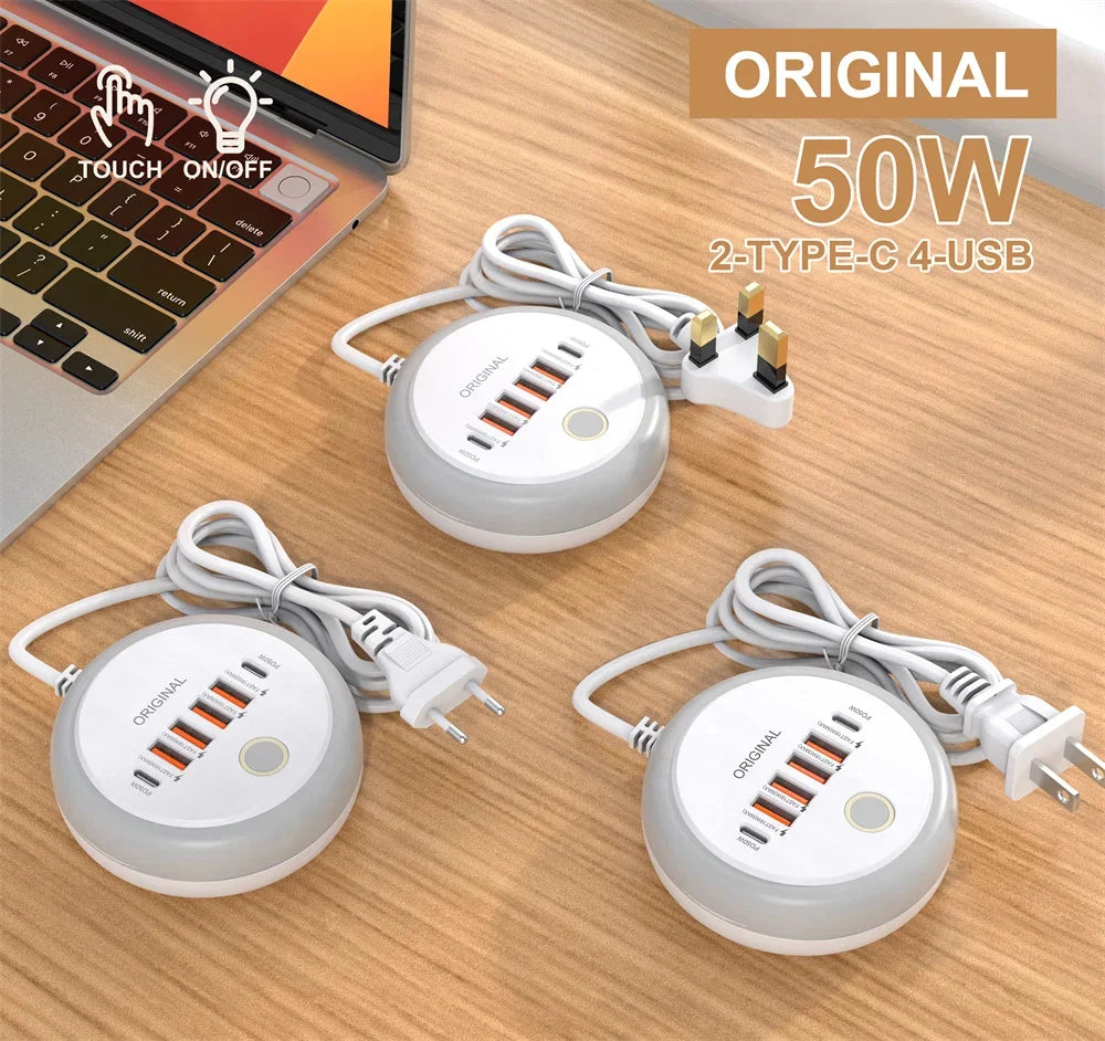 Nabíjačka USB so šiestimi portmi a dotykovým nočným svetlom