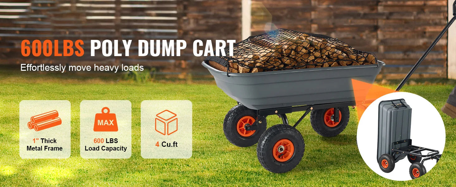 SucceBuy Dump Cart Poly Garden Dump Cart Easy to Assemble Steel Frame Dump Wagon with 2-in-1 Convertible Handle Safe Transport