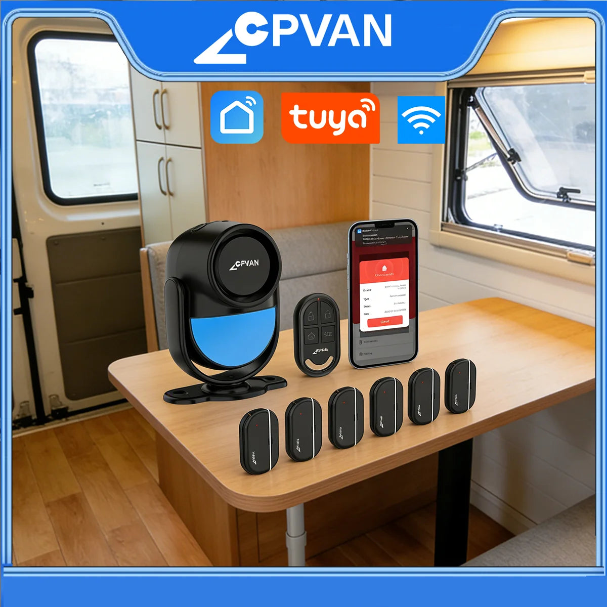 CPVAN Smart RV Alarm System With remote control and door sensor wireless WIFI Tuya Motion sensor Alarm 120dB motion detector