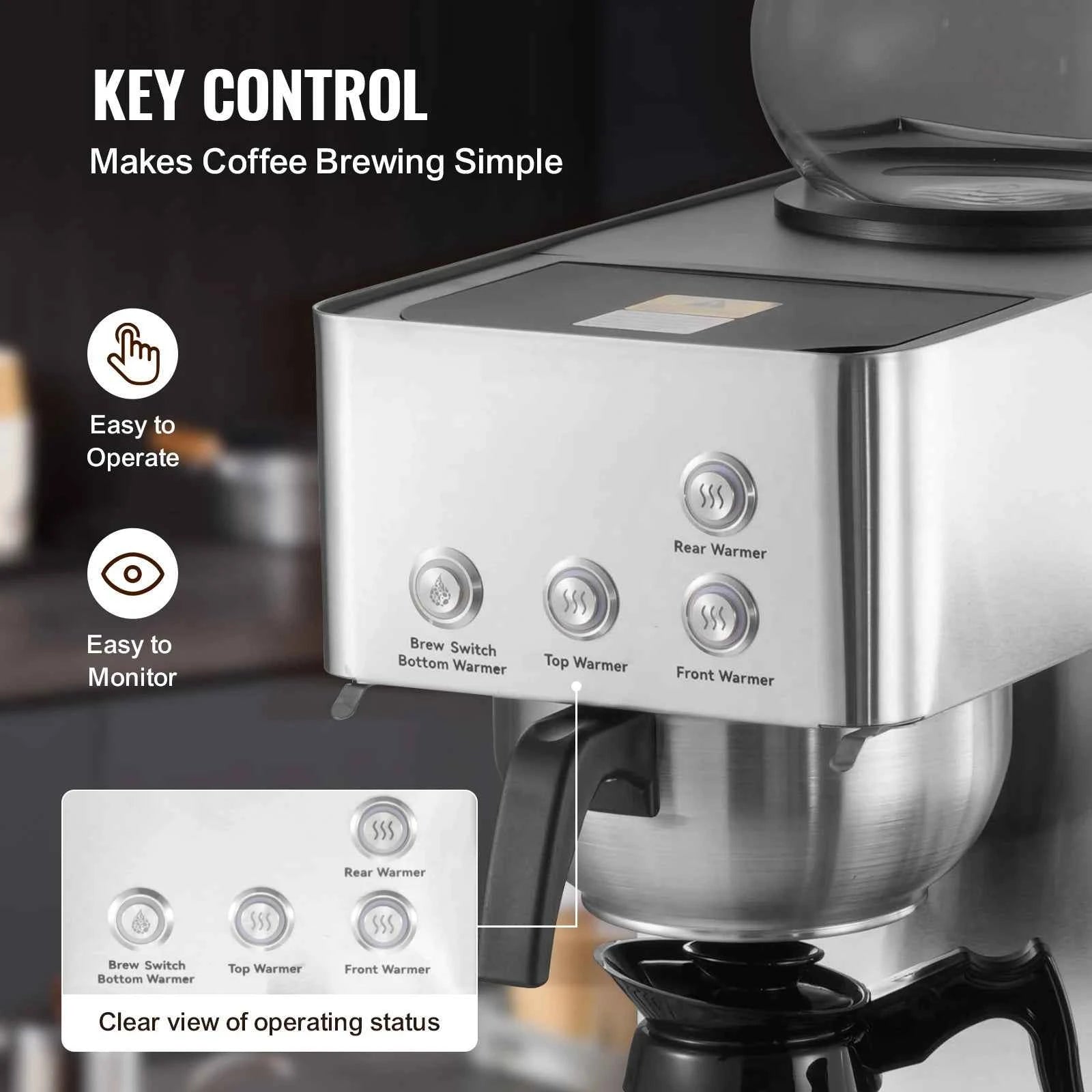 Commercial Drip Coffee Maker with Glass Carafes and Warming Plates