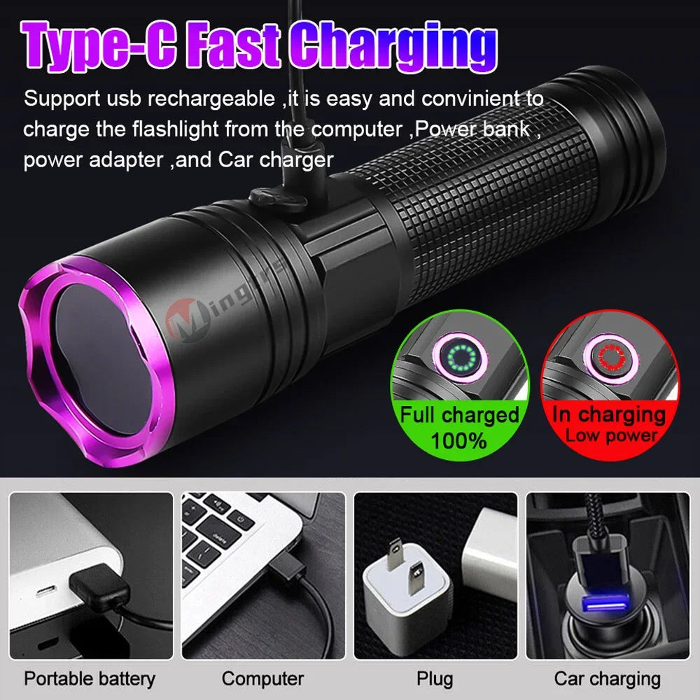 365nm Rechargeable UV Flashlight - Battery Options
