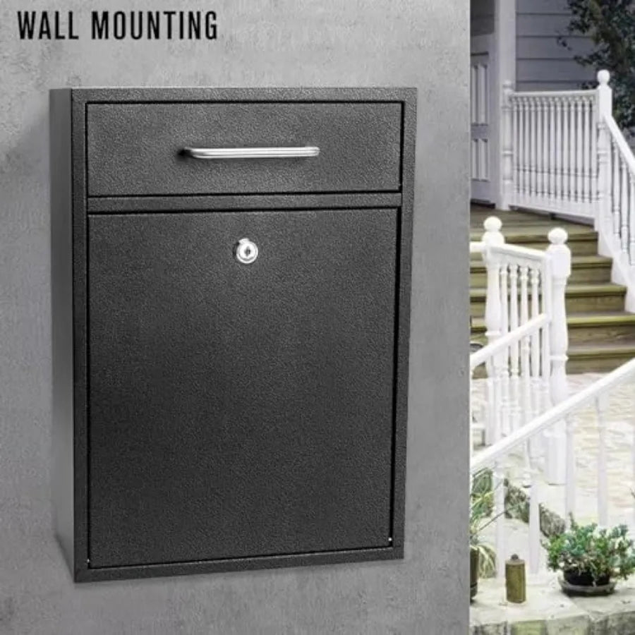 Locking Wall Mount Mailbox XL 16x11.2x4.7 in Secure Iron Drop Box