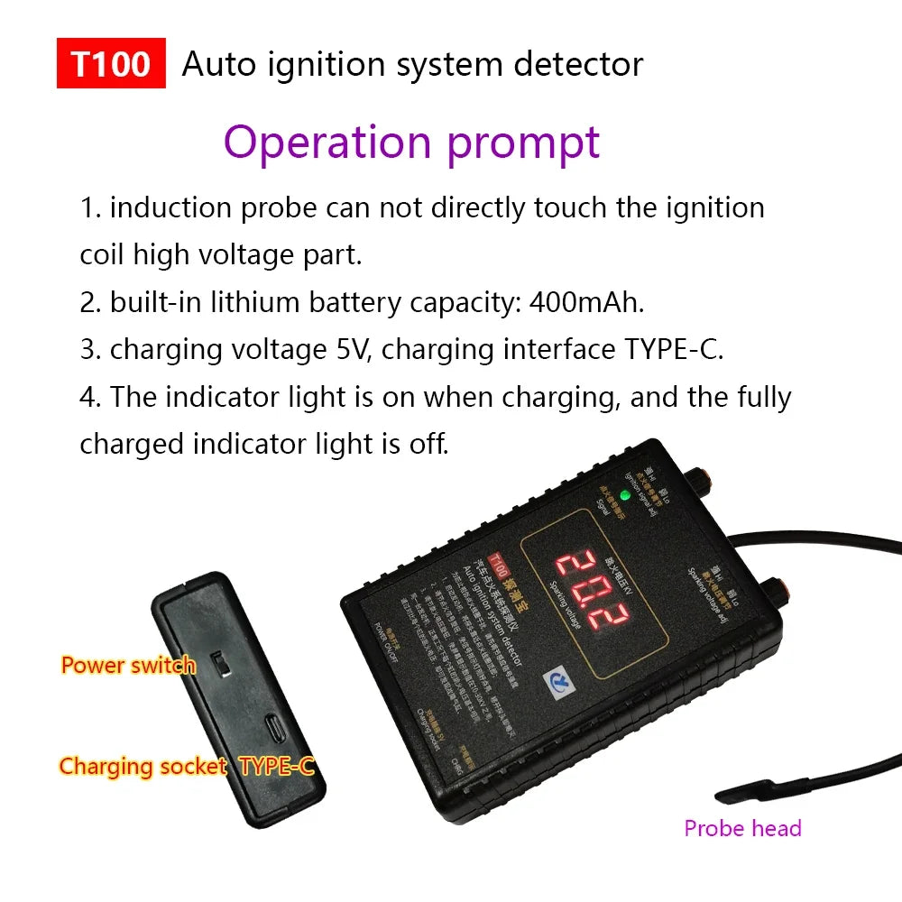 T100 Auto Ignition System Detector for 12V 24V Ignition System to Test Ignition Signal and Spark Voltage
