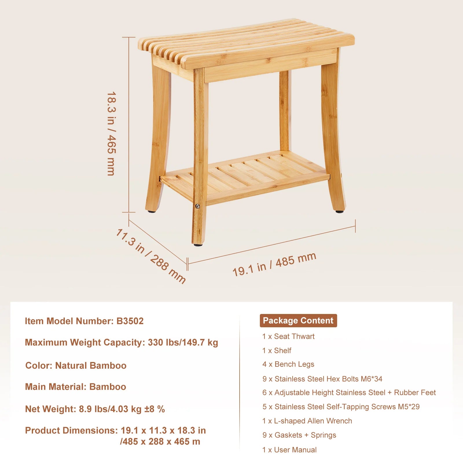 Bamboo Shower Bench with Storage Shelf 330lb Capacity Stool