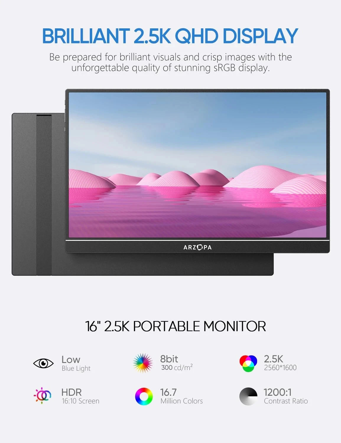 ARZOPA 16calowy 2K przenośny monitor 16:10 ekran IPS z mini HDMI typu C drugi wyświetlacz do MAC/laptopa/PC/Xbox/PS4/5/Switch,Z1RC