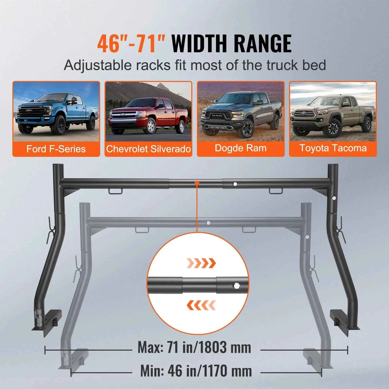 Adjustable Truck Ladder Rack 46-71 in 800 lbs Capacity Steel