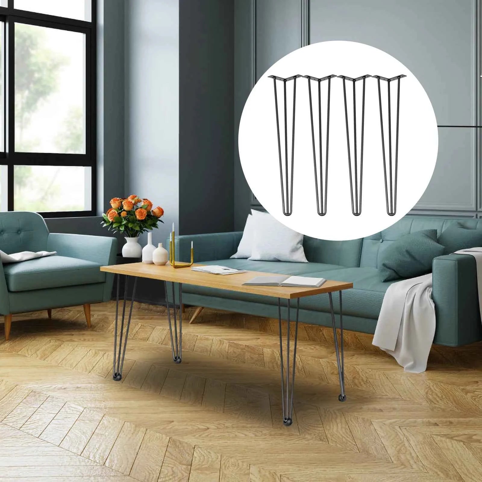4-Piece Metal Hairpin Table Legs 16-40 Inch 3-Rod Furniture Legs