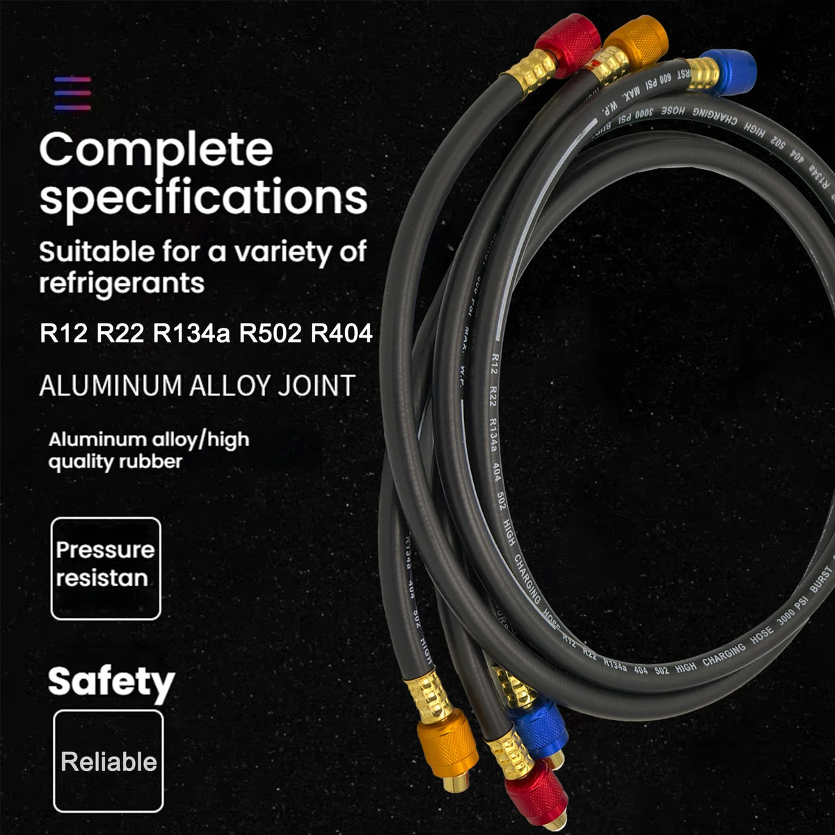 3 pièces Flexible de recharge R134a pour réfrigération AC, pression de travail 600-3000 PSI, compatible HVAC, manomètre de manifold et réfrigérant