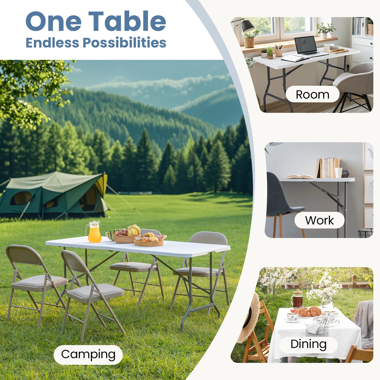 Tavolo Pieghevole Portatile JHK 4/6/8 FT per Esterni e Interni, Robusto con Maniglia per il Trasporto e Blocco di Sicurezza, Ideale per Campeggio, Picnic e Pranzi