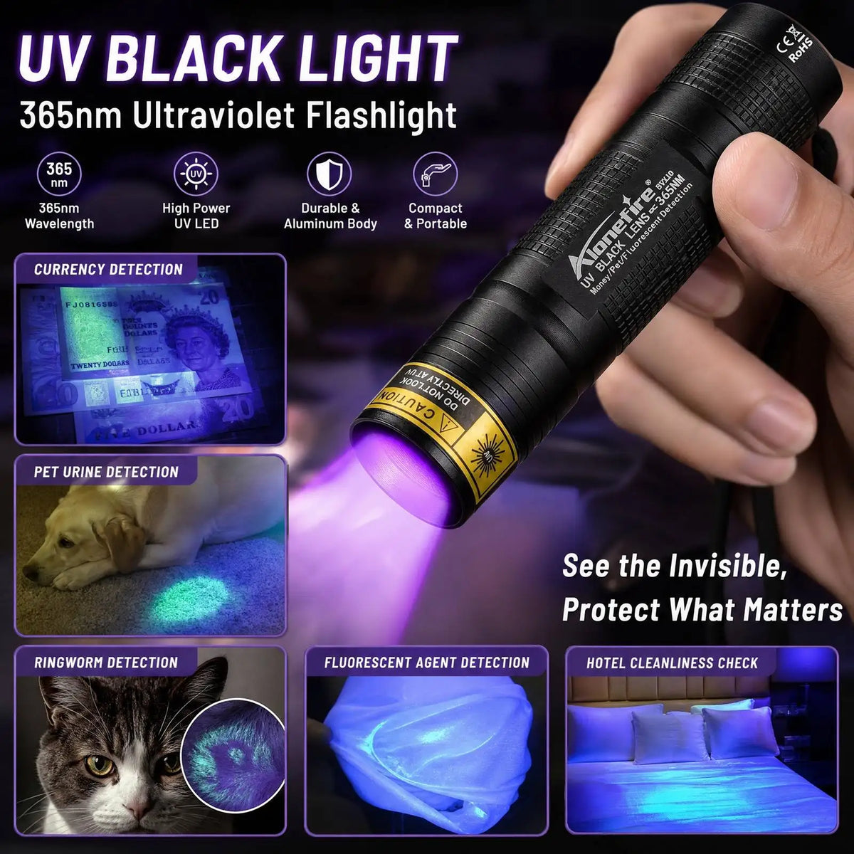 Lumina UV mini 365nm/395nm, USB reîncărcabil, lampă hiper UV pentru uscarea adezivi, animale de companie (pisică, câine), urină, tinea, bani, cuțit, scorpion, detectare lumina
