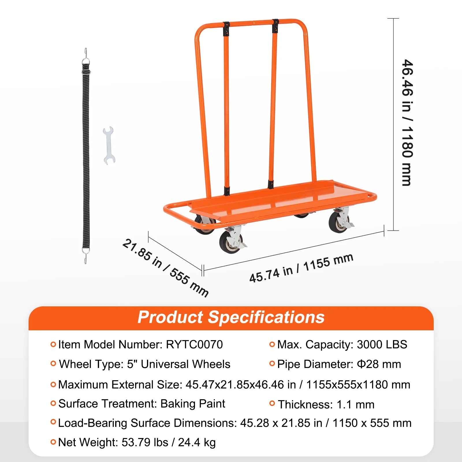 Nehéz teherbírású gipszkarton kocsi 1800 lb acél panel szállító görgőkkel