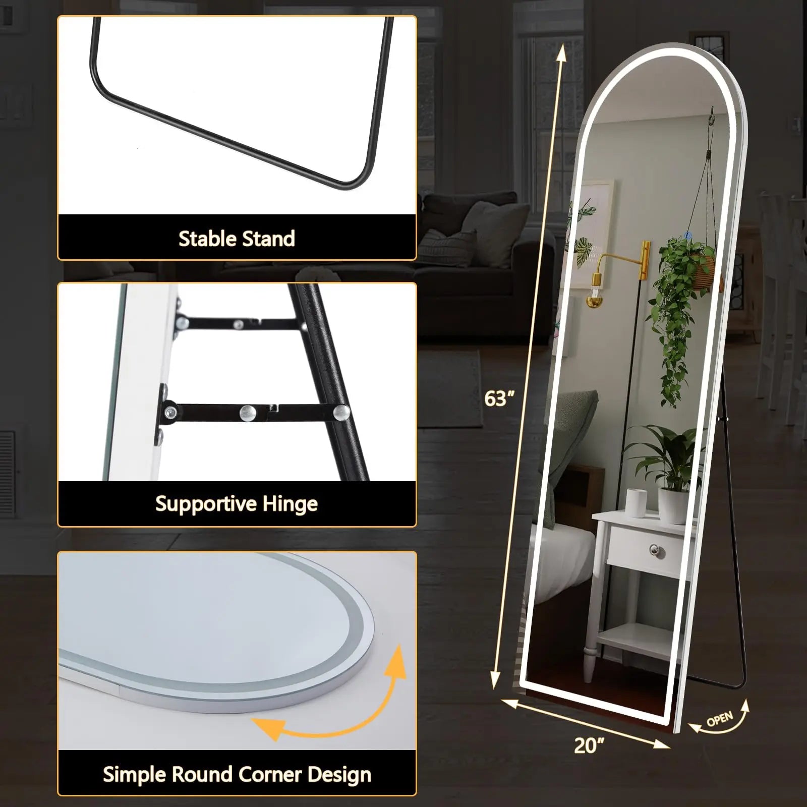 63" LED zrcadlo na celou délku s nastavitelným osvětlením ve 3 barvách
