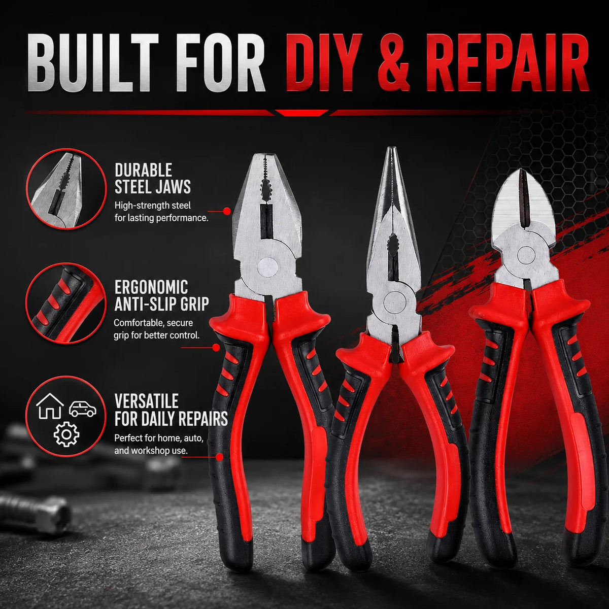 3 Types Pliers Set, Heavy Duty Combination Long Nose Diagonal Cutter Pliers, Wire Cutting Gripping Tool Kit for DIY Repair