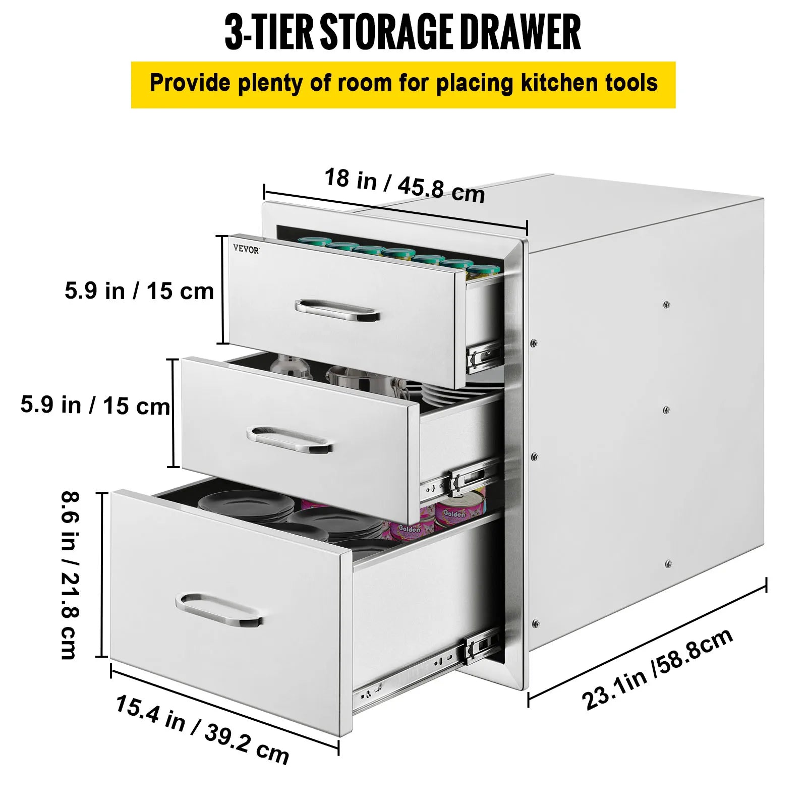 Tiroir triple en acier inoxydable pour rangement barbecue de cuisine extérieure