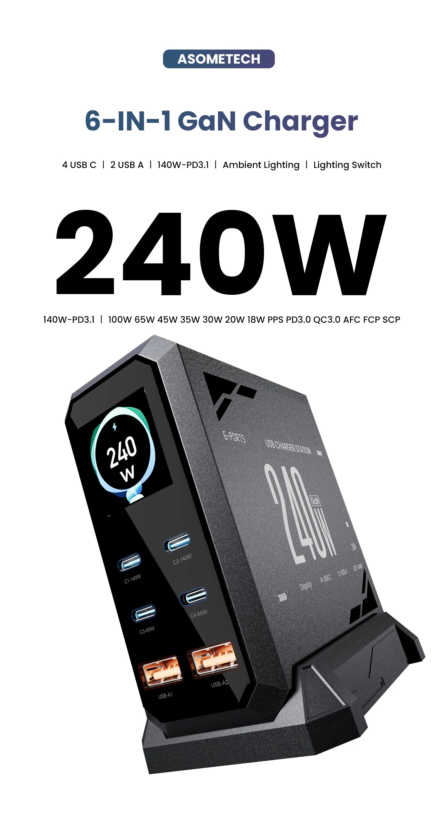240W GaN rychlá nabíjecí stanice 6v1 USB-C a USB-A stolní nabíječka