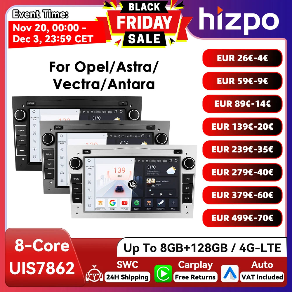 HIZPO 7-Inch Android Car Radio with CarPlay for Opel