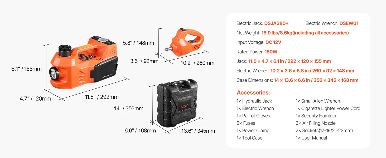 Kit cric elettrico 5T con gonfiatore, chiave a impulsi e luce LED