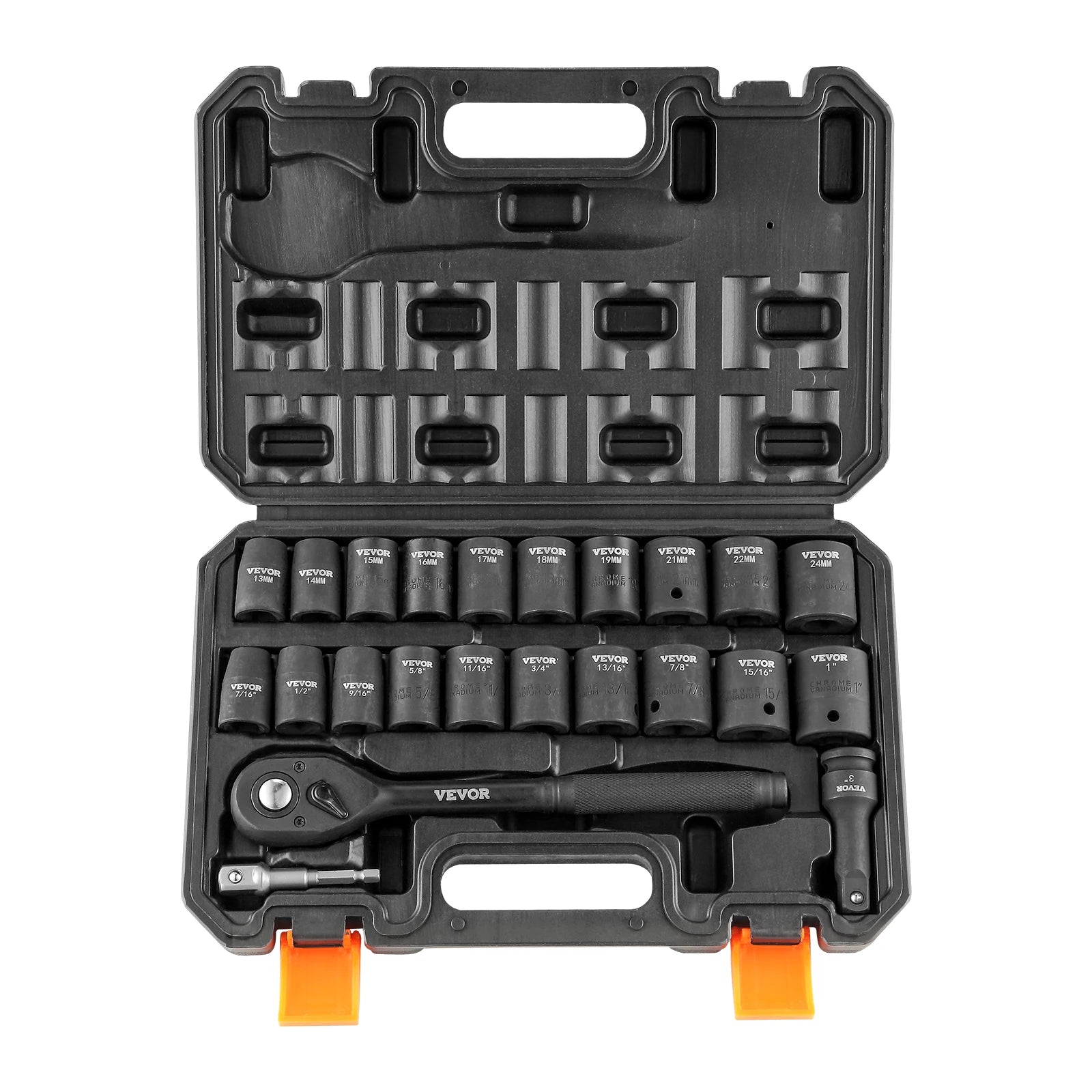 23-osainen 1/2" iskupikaliitinsetti SAE & metrinen Cr-V teräs sarja