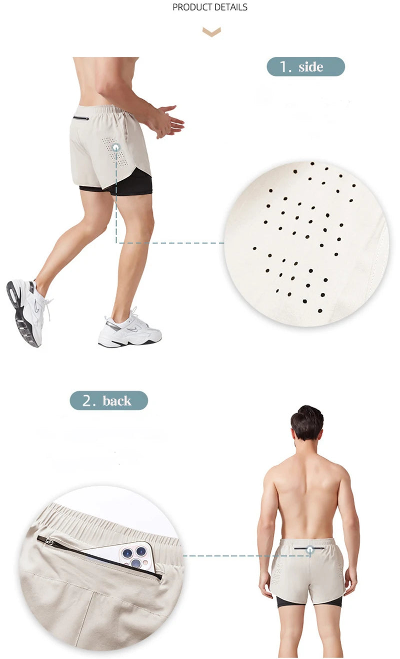 Men's Running Shorts Quick-drying Fitness Black Double Layer Shorts Men New Sport Workout Training Bodybuilding Short Pants 