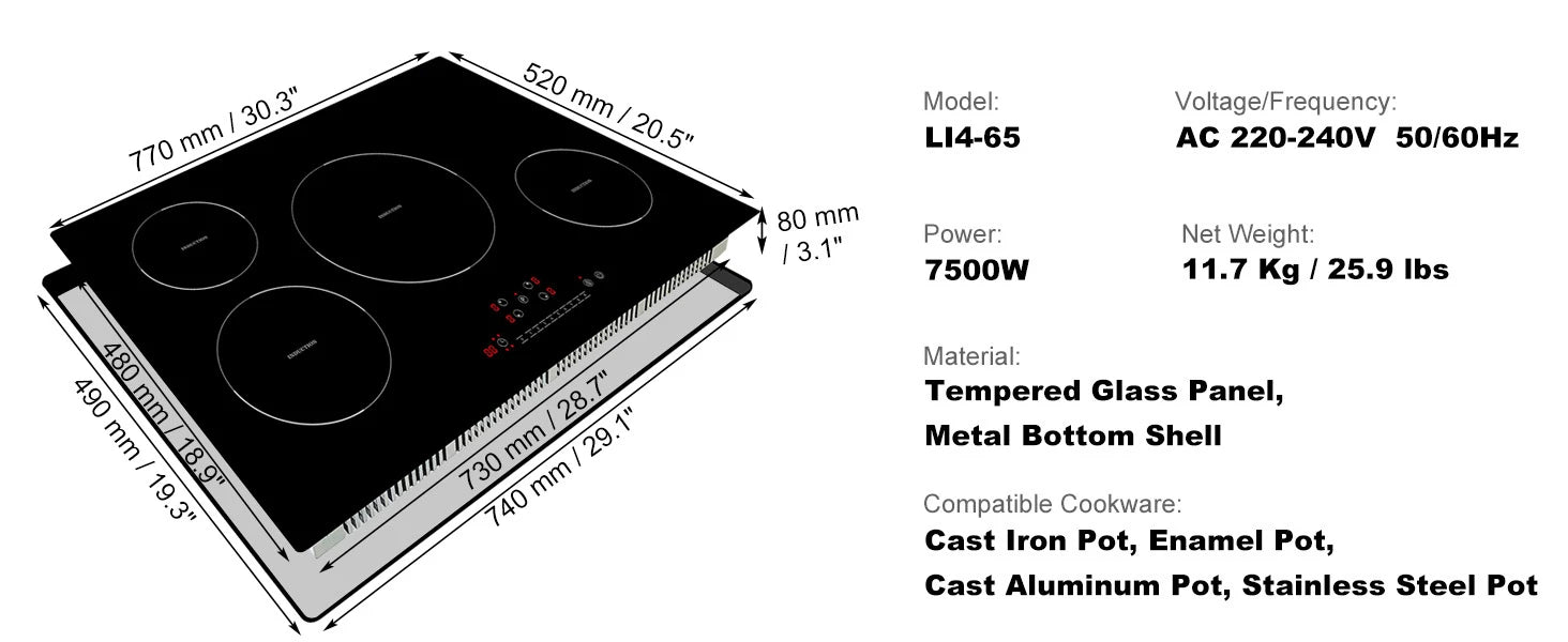 30-Inch Built-In 4-Burner Induction Cooktop with Touch Control