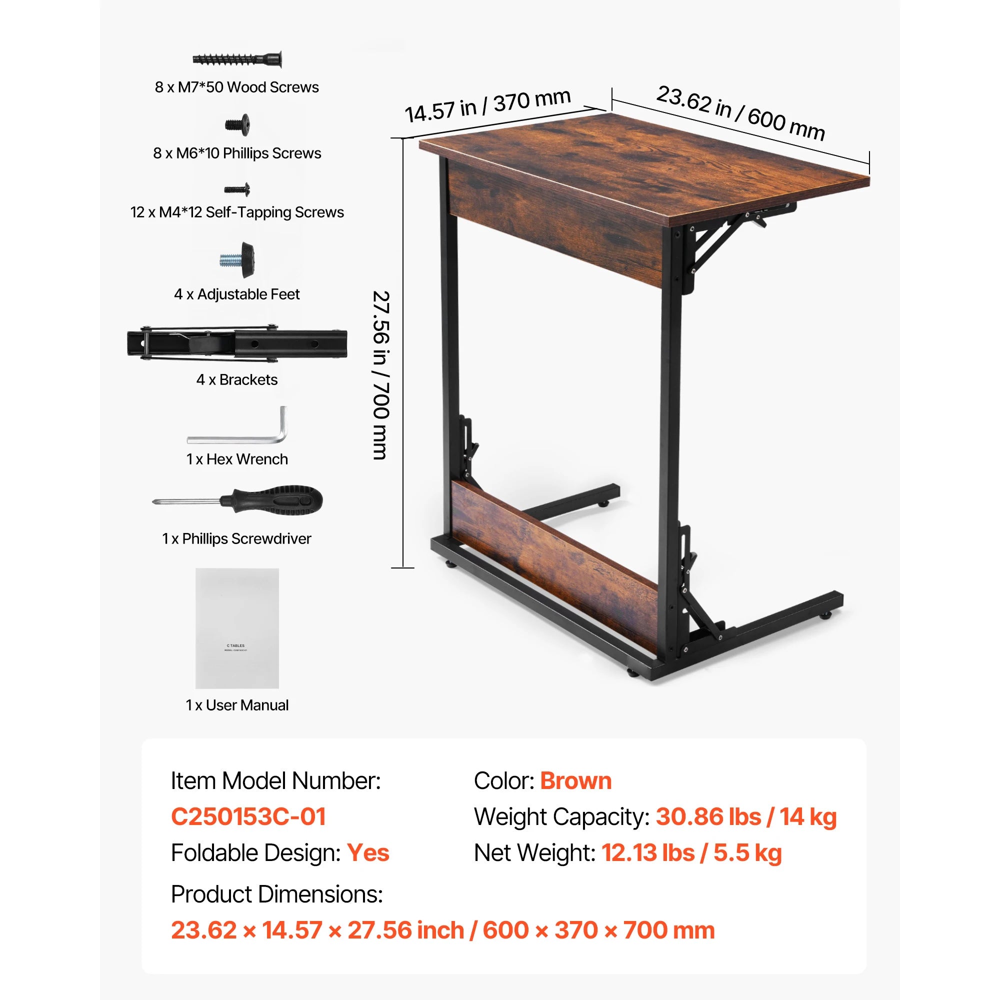 SucceBuy C Table C Shaped Sofa Side Table with Metal Frame Rolling Casters Portable C Shaped End Stand for Living Room Office