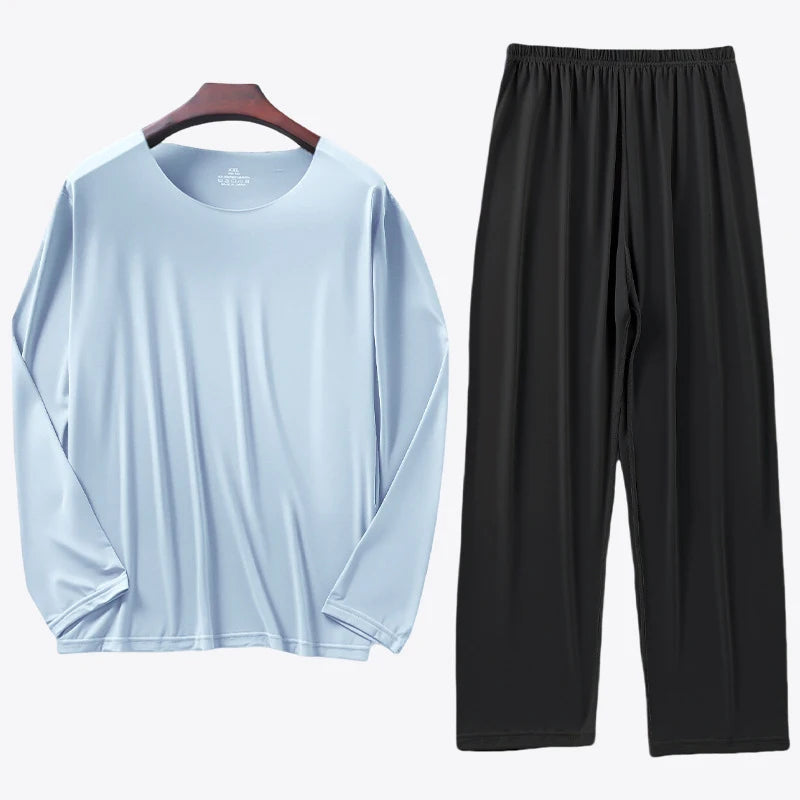 Men's Ice Silk Pyjama Set with Long Sleeve Top and Elastic Waist