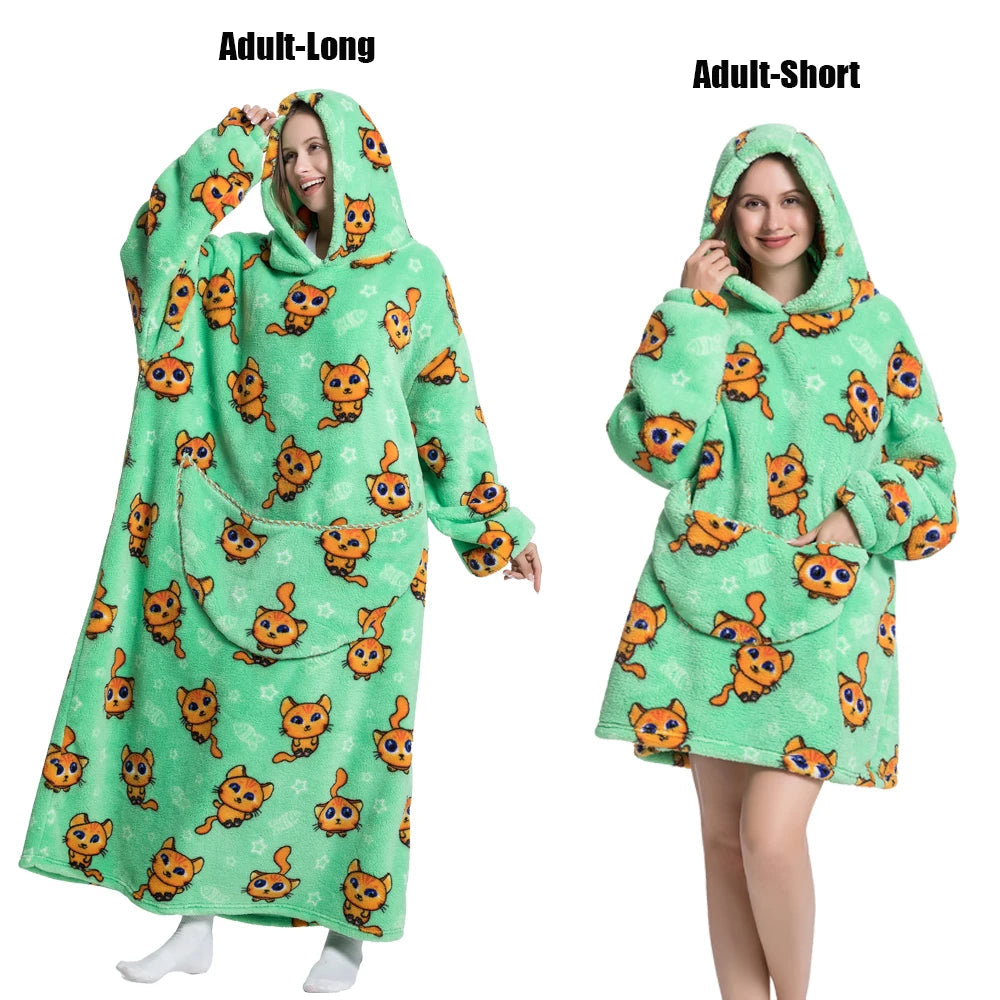 Women Plush Fleece Blanket Men Warm Thick Hoodies Adult Giant TV Blanlets with Sleeves Super Long Cold-proof Homewear Pajamas 