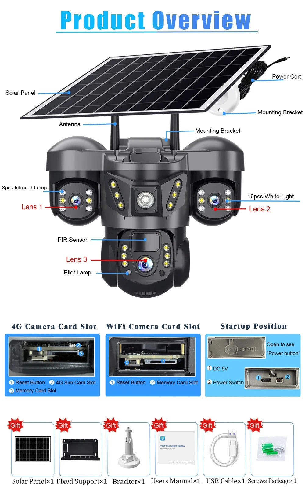 15MP 6K Solar-Powered 4G Triple-Lens Outdoor Security Camera