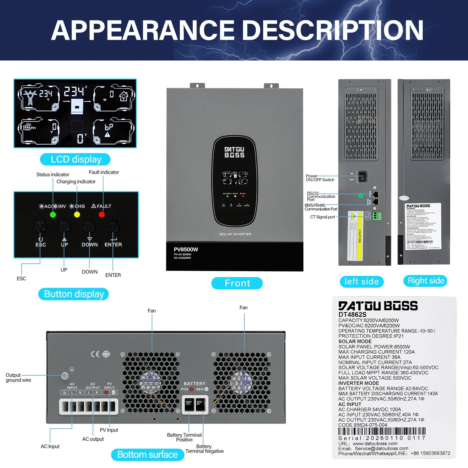 DATOUBOSS 48V 6200W Hybrid Solar Inverter with MPPT Charger, Grid-Connected and Standalone Modes, Built-in Anti-Reverse Flow Mechanism, Unlimited Load Capacity