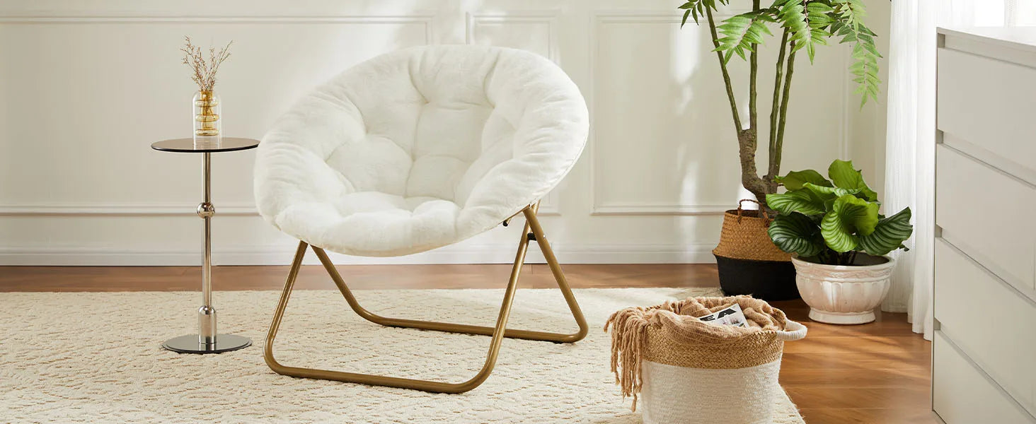 Foldable Faux Fur Saucer Chair with Thick Cushion and Metal Frame