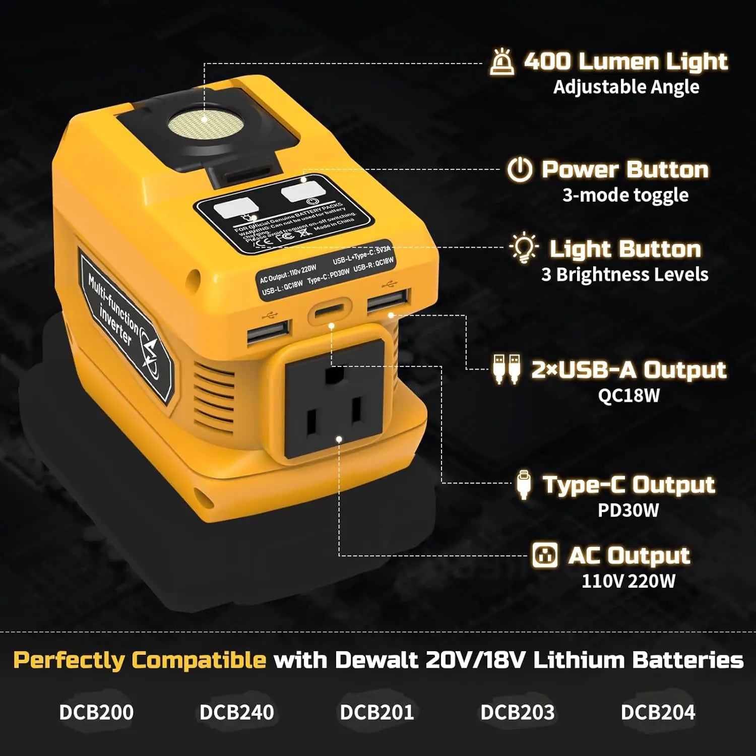 220W Power Inverter for DeWalt 20V Batteries, 110V Output
