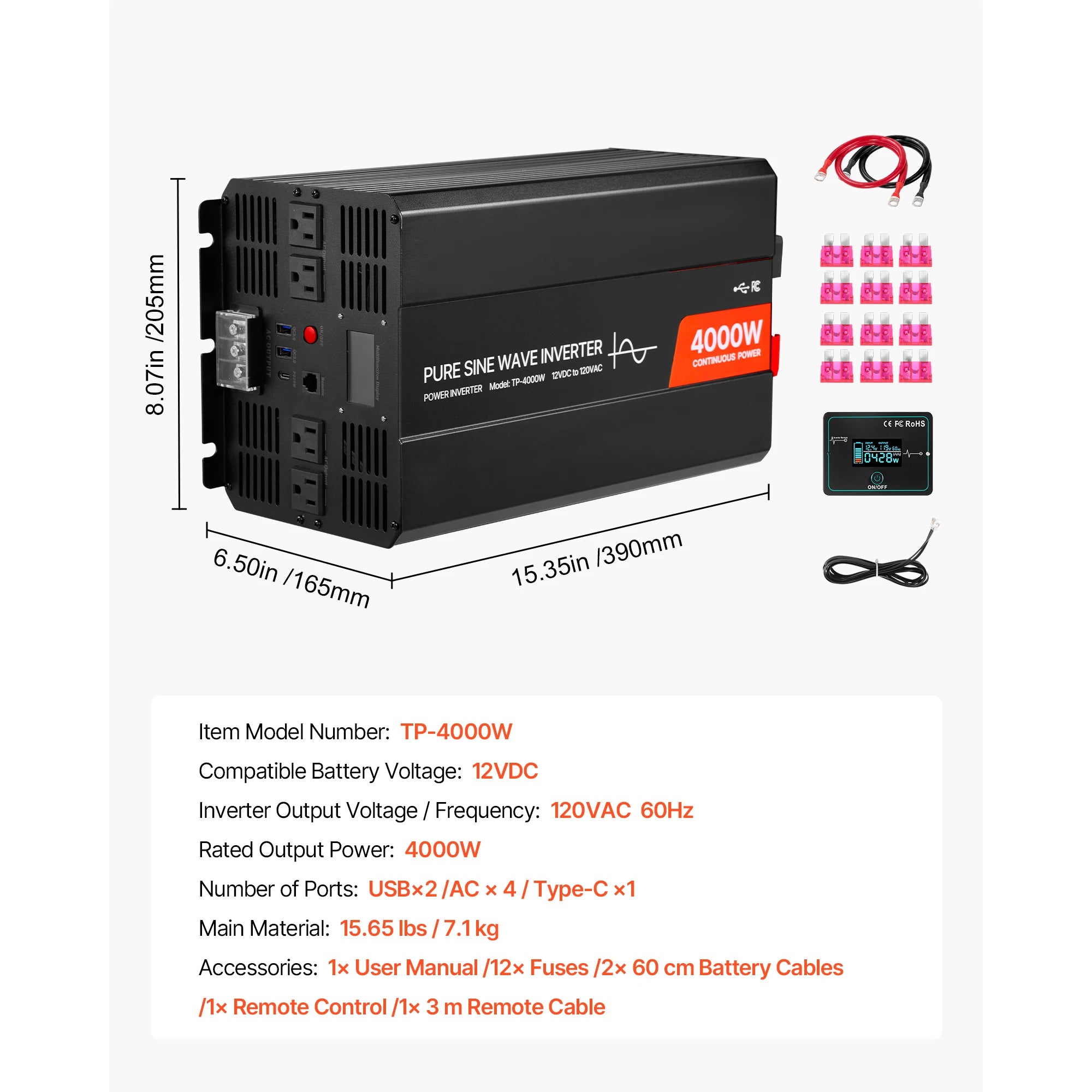 Čistý sinusový měnič napětí 12V na 120V 1500W/4000W s USB a AC