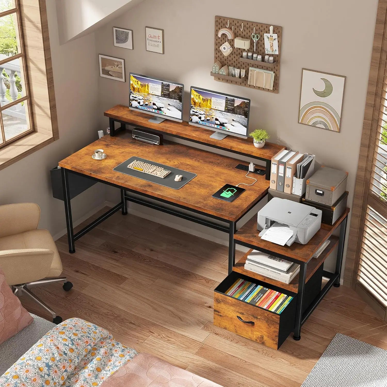 56.5" Office Desk with Drawers, Power Outlets & Monitor Stand
