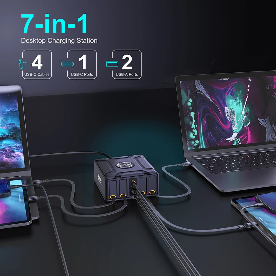 Nabíjacia stanica 7 v 1 s výkonom 550 W a 100W vysúvateľnými USB-C káblami