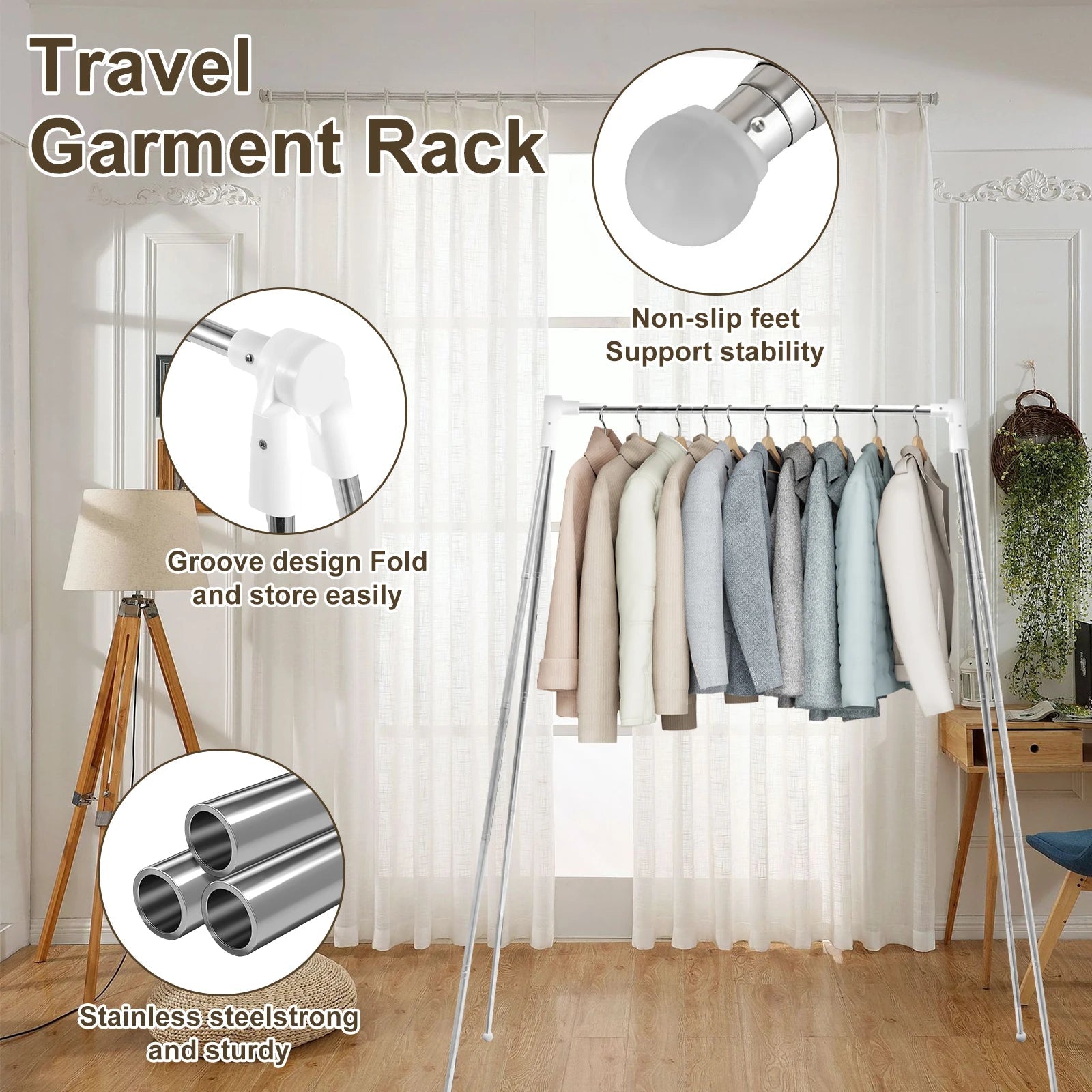 Collapsible Floor Stand Clothes Hanger Clothes Drying Rack Adjustable Angle Coat Hanger for Home Camping Travel Outdoor Storage 
