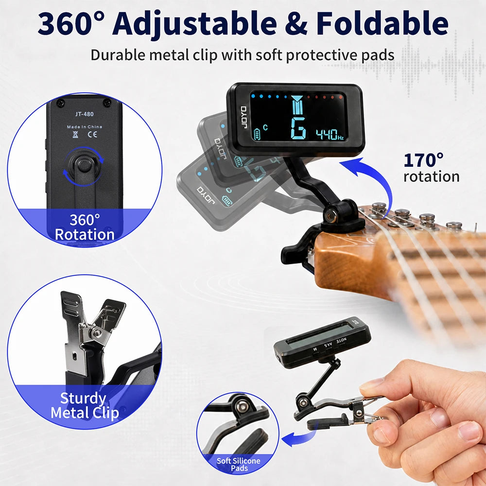 JT-480 Rechargeable Clip-On Tuner for Guitar, Bass and Ukulele