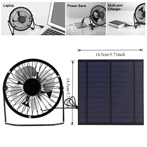 Solární nabíječka s mini ventilátorem, USB ventilátor 14,5*15 cm, solární panel napájený ventilátor pro domácnost/kancelář/venkovní cestování a kempování