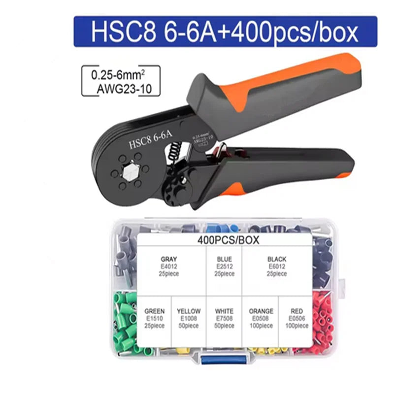 Hexagonal Self-Adjustable Ratchet Ferrule Crimping Tool Kit 23-10AWG 0.25-6mm² Crimper Kit with 400-2000pcs Wire Terminals 