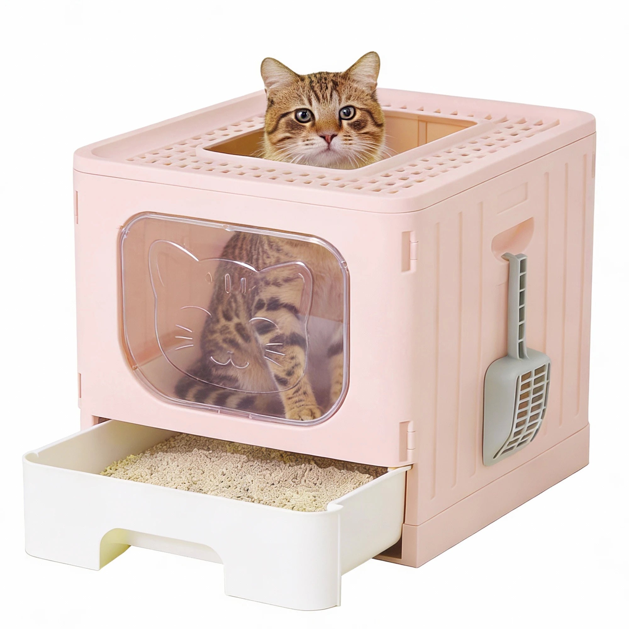 Large Covered Cat Litter Box with Lid and Scoop, 23.6" Foldable Design